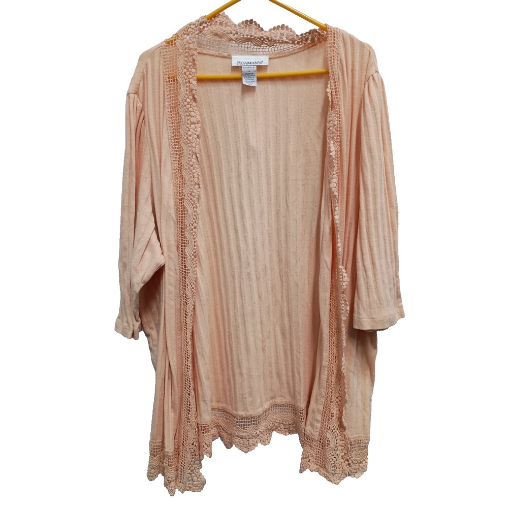 Roamans Womens BOHO Cardigan Size 3X Peach Crochet 3/4 Sleeve Cottagecore